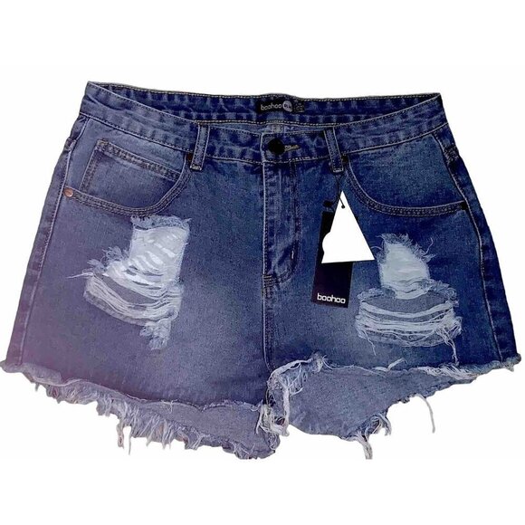 Boohoo Blue Mandy Mid Rise Frayed Hem  Ripped Denim Hot pants US 10 New With Tag - Picture 1 of 8